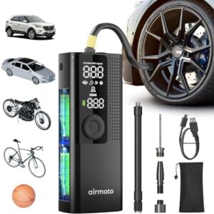 Airmoto Tire Inflator Portable Air Compressor - Air Pump For Car Tires with Digital Pressure Gauge, LED Light and Auto Shut-Off Function - Cordless Pump for Car, Motorcycle, Bicycle, Ball : Automotive