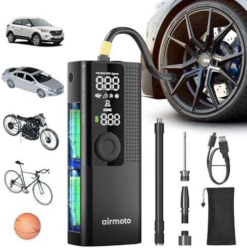 Airmoto Tire Inflator Portable Air Compressor - Air Pump For Car Tires with Digital Pressure Gauge, LED Light and Auto Shut-Off Function - Cordless Pump for Car, Motorcycle, Bicycle, Ball : Automotive