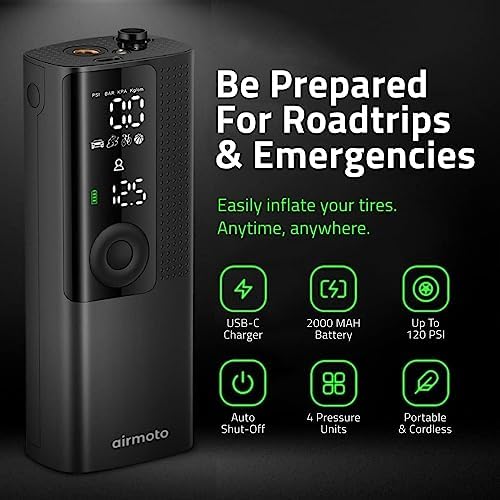 Airmoto Tire Inflator Portable Air Compressor - Air Pump For Car Tires with Digital Pressure Gauge, LED Light and Auto Shut-Off Function - Cordless Pump for Car, Motorcycle, Bicycle, Ball : Automotive - Image 3
